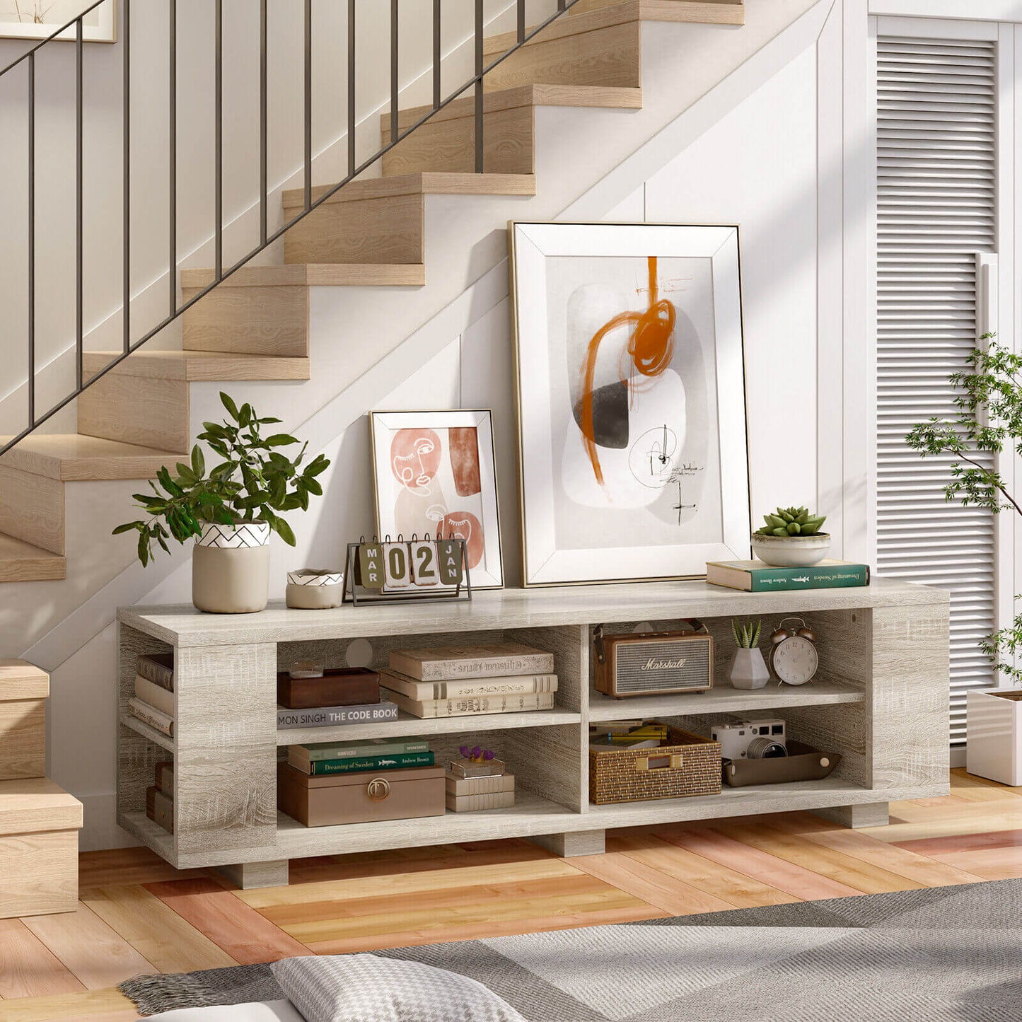 Modern 59 Inch Media Console with Adjustable Open Shelves for TVs up to 65 Inches in Light Brown