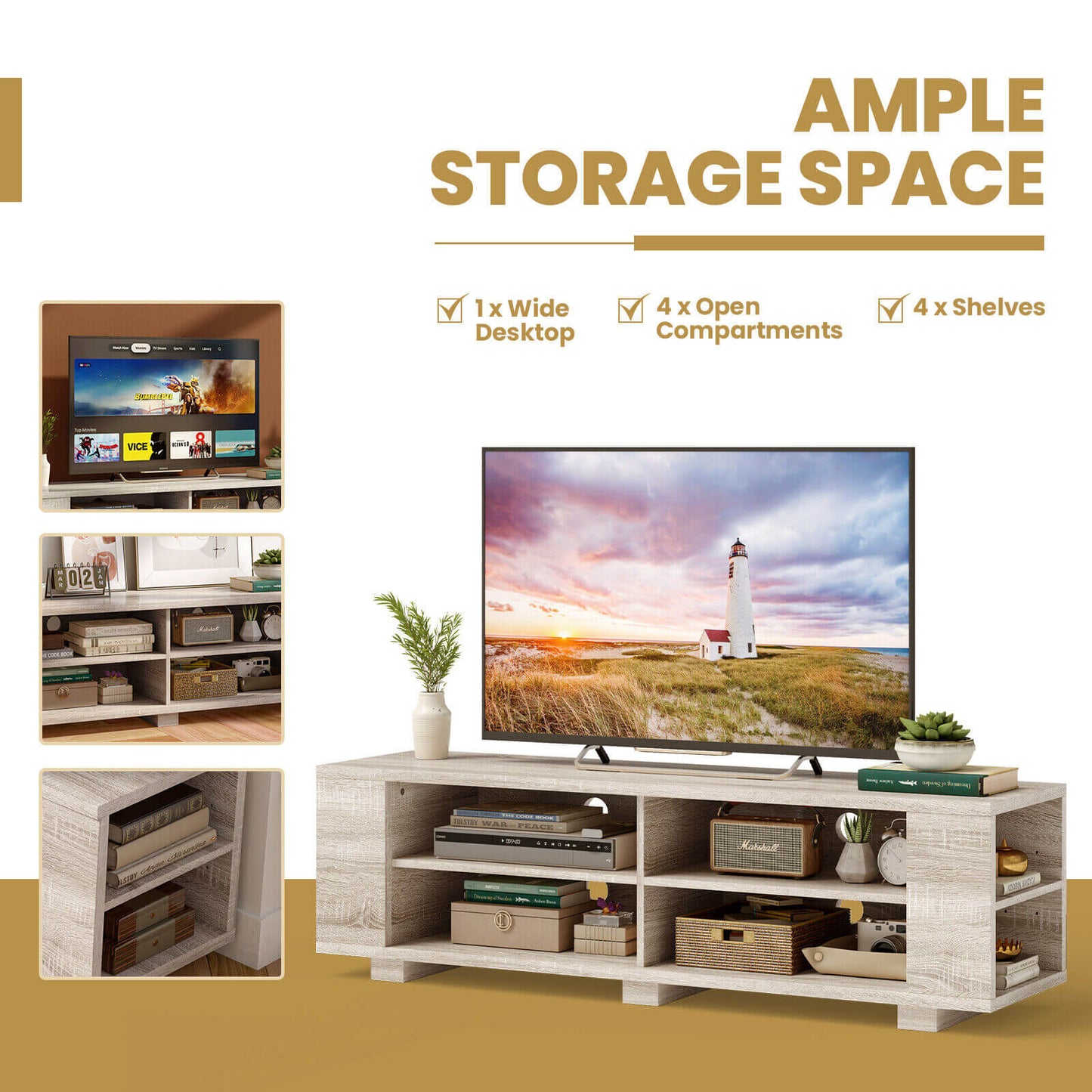 Modern 59 Inch Media Console with Adjustable Open Shelves for TVs up to 65 Inches in Light Brown