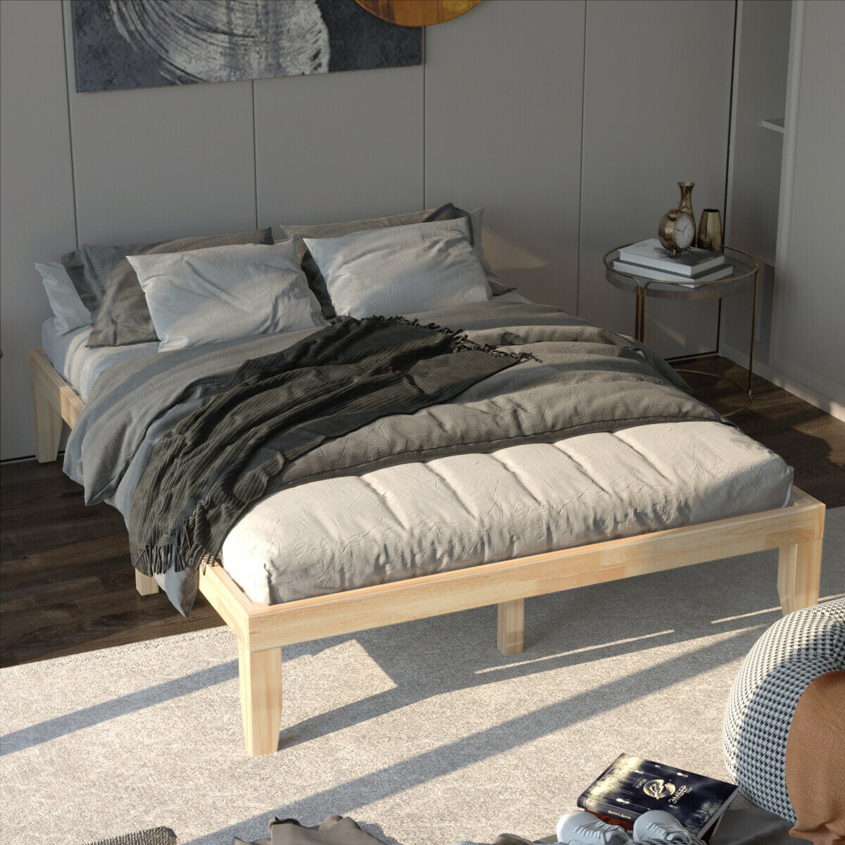 Modern 14 Inch Queen Size Wood Platform Bed Frame with Wood Slat Support - Natural