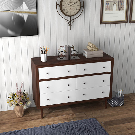 Mid-Century 6-Drawer Wood Dresser with Walnut Finish and White Fronts, Freestanding Storage Cabinet