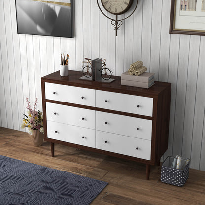 Mid-Century 6-Drawer Wood Dresser with Walnut Finish and White Fronts, Freestanding Storage Cabinet