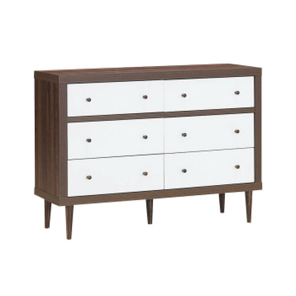 Mid-Century 6-Drawer Wood Dresser with Walnut Finish and White Fronts, Freestanding Storage Cabinet
