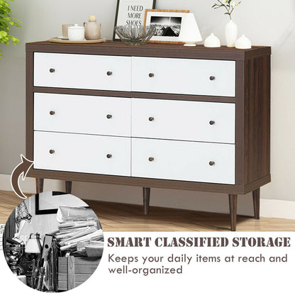 Mid-Century 6-Drawer Wood Dresser with Walnut Finish and White Fronts, Freestanding Storage Cabinet