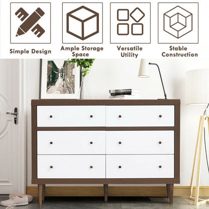Mid-Century 6-Drawer Wood Dresser with Walnut Finish and White Fronts, Freestanding Storage Cabinet