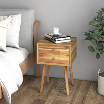 Mid Century Wooden Nightstand with Two Drawers - Natural