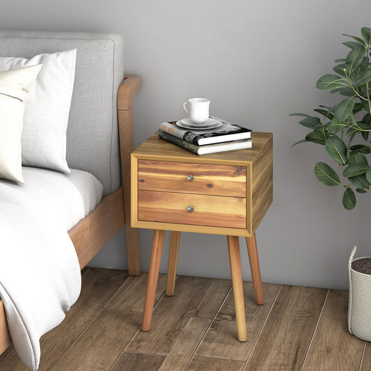 Mid Century Wooden Nightstand with Two Drawers - Natural