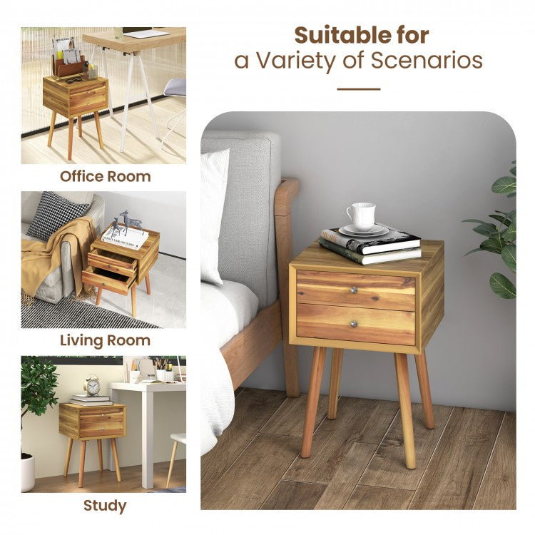 Mid Century Wooden Nightstand with Two Drawers - Natural