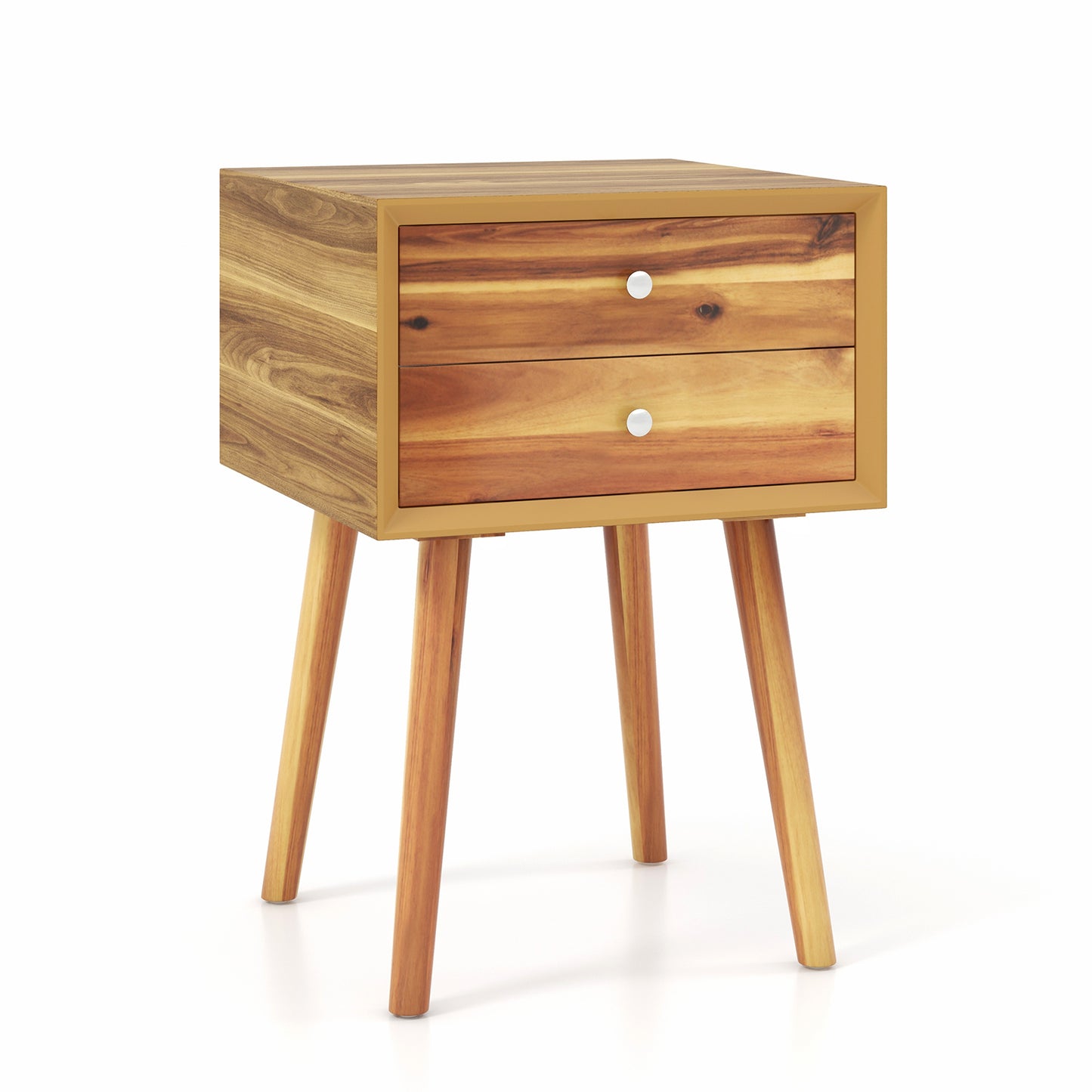 Mid Century Wooden Nightstand with Two Drawers - Natural