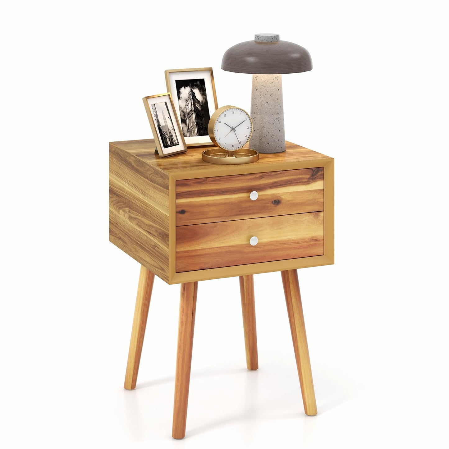 Mid Century Wooden Nightstand with Two Drawers - Natural