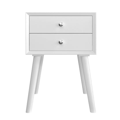 Mid Century Wooden Nightstand with Two Drawers - White