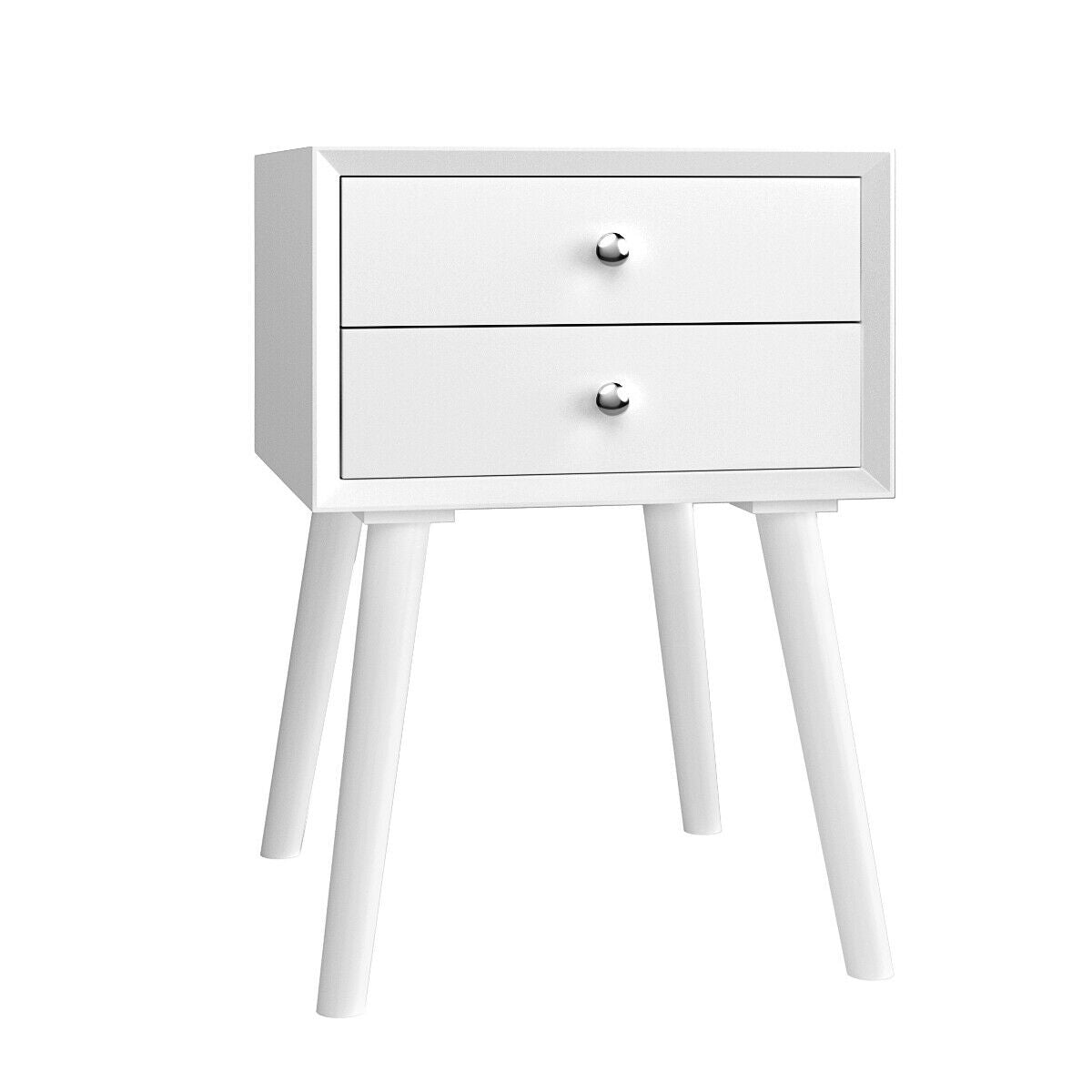 Mid Century Wooden Nightstand with Two Drawers - White