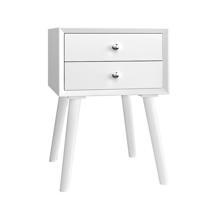 Mid Century Wooden Nightstand with Two Drawers - White
