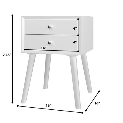Mid Century Wooden Nightstand with Two Drawers - White