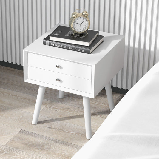 Mid Century Wooden Nightstand with Two Drawers - White