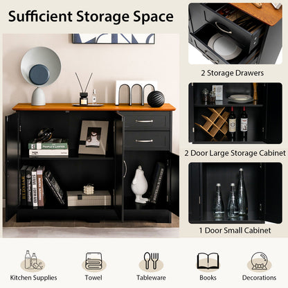 Modern Buffet Sideboard Cabinet with 2 Drawers and Adjustable Storage for Kitchen or Dining Room - Black