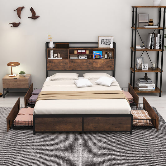 Metal Bed Frame with 3-Tier Bookcase Headboard, 4 Storage Drawers & Charging Station – Rustic Wood Finish, Full & Queen Size