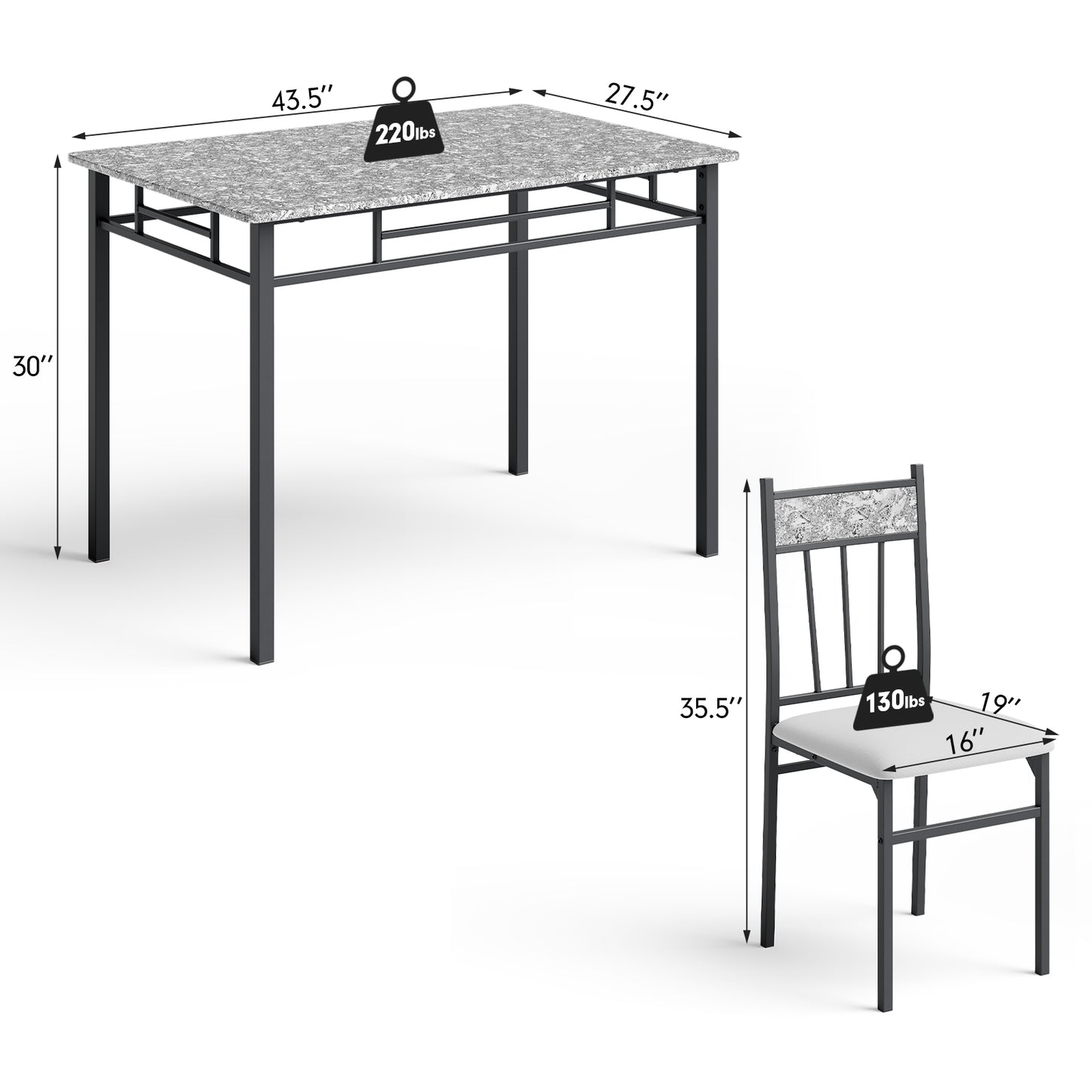 Elegant 5 Piece Faux Marble Dining Set with Solid Steel Frame and Upholstered Chairs