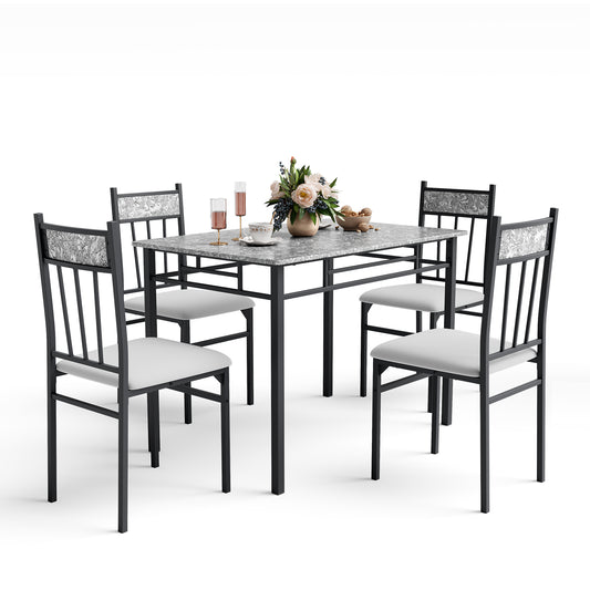 Elegant 5 Piece Faux Marble Dining Set with Solid Steel Frame and Upholstered Chairs