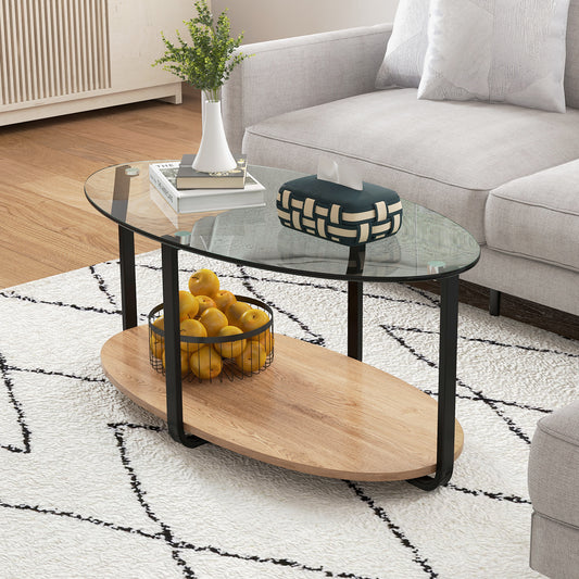 Elegant Oval Coffee Table with Dual Tiers, Tempered Glass Surface and Wood Base