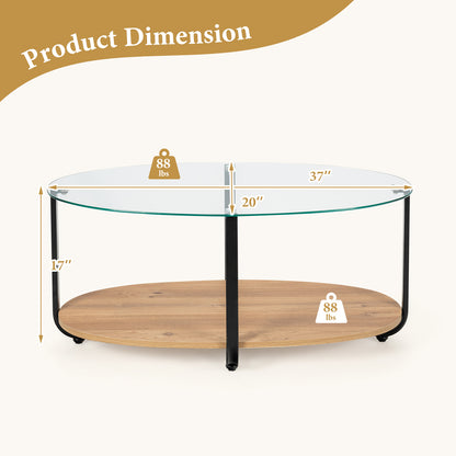 Elegant Oval Coffee Table with Dual Tiers, Tempered Glass Surface and Wood Base