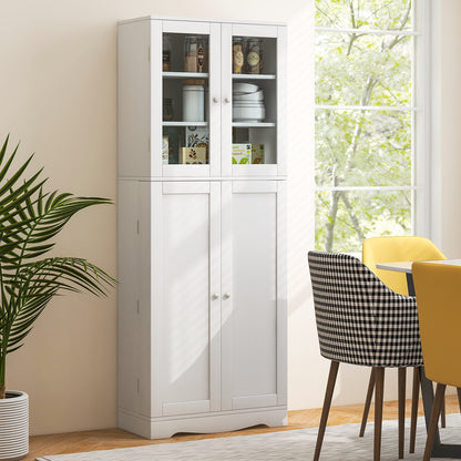 Modern Tall Pantry Cabinet with Glass Doors Adjustable Storage and Interior Shelving - White