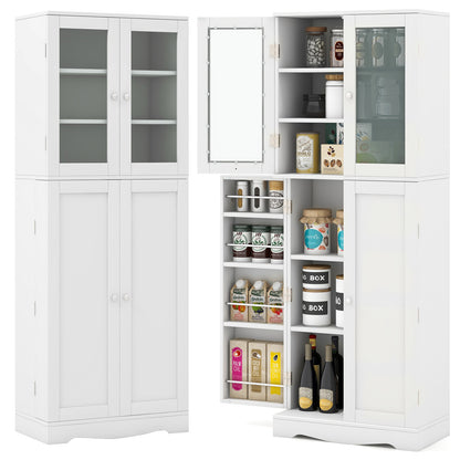 Modern Tall Pantry Cabinet with Glass Doors Adjustable Storage and Interior Shelving - White