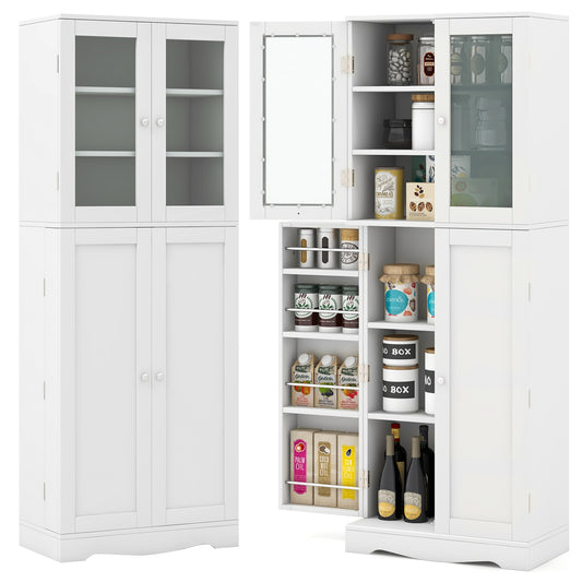 Modern Tall Pantry Cabinet with Glass Doors Adjustable Storage and Interior Shelving - White