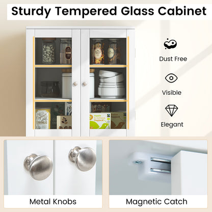 Modern Tall Pantry Cabinet with Glass Doors Adjustable Storage and Interior Shelving - White