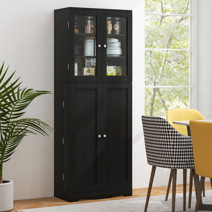 Modern Tall Pantry Cabinet with Glass Doors Adjustable Storage and Interior Shelving - Black