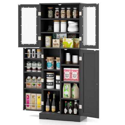 Modern Tall Pantry Cabinet with Glass Doors Adjustable Storage and Interior Shelving - Black