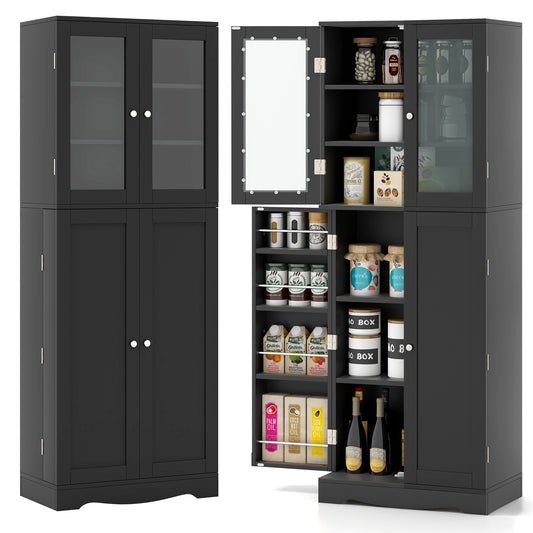 Modern Tall Pantry Cabinet with Glass Doors Adjustable Storage and Interior Shelving - Black