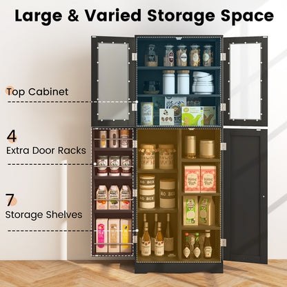 Modern Tall Pantry Cabinet with Glass Doors Adjustable Storage and Interior Shelving - Black