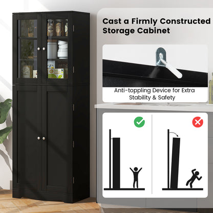 Modern Tall Pantry Cabinet with Glass Doors Adjustable Storage and Interior Shelving - Black
