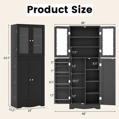 Modern Tall Pantry Cabinet with Glass Doors Adjustable Storage and Interior Shelving - Black
