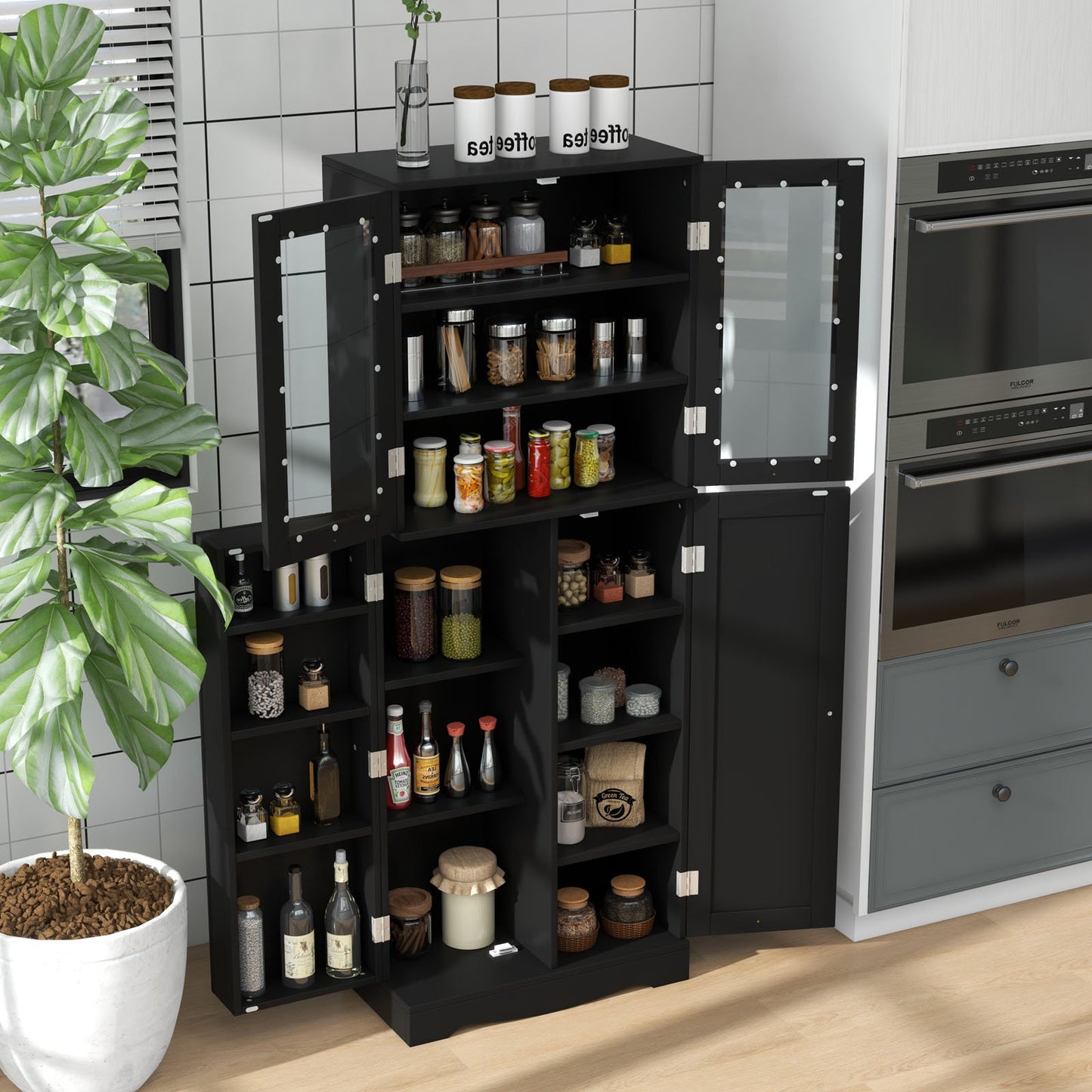 Modern Tall Pantry Cabinet with Glass Doors Adjustable Storage and Interior Shelving - Black
