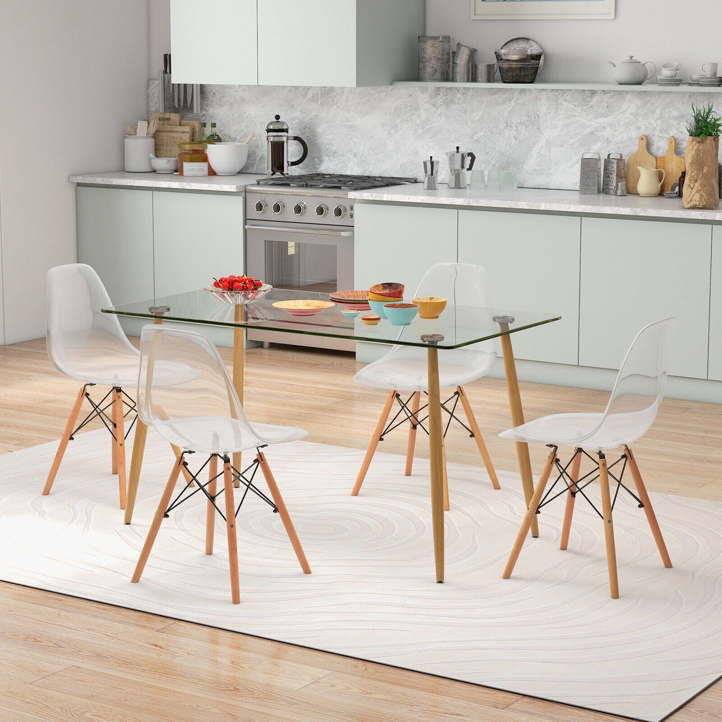 5 Piece Modern Glass Dining Table Set with 51 Inch Rectangular Table and Transparent Chairs