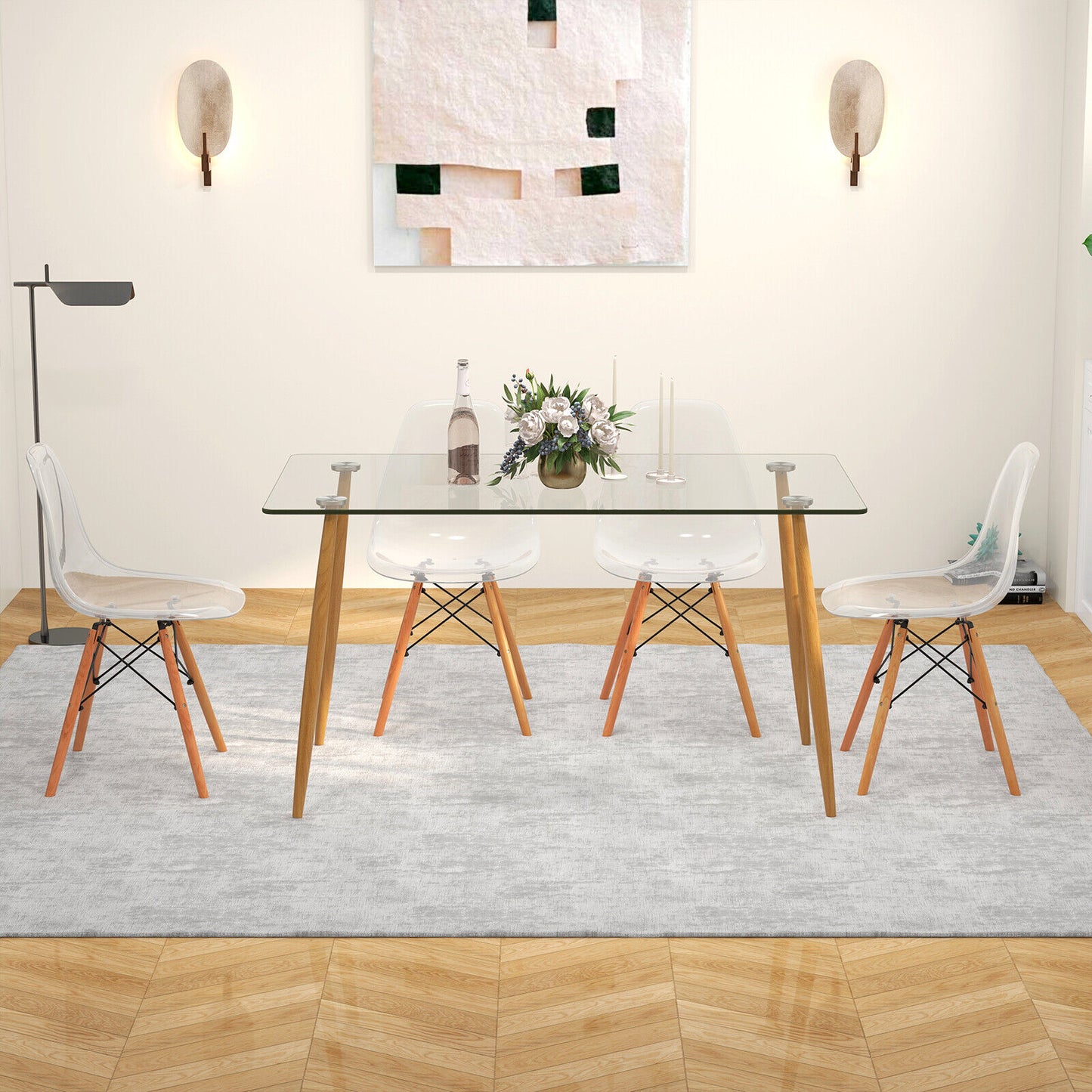 5 Piece Modern Glass Dining Table Set with 51 Inch Rectangular Table and Transparent Chairs