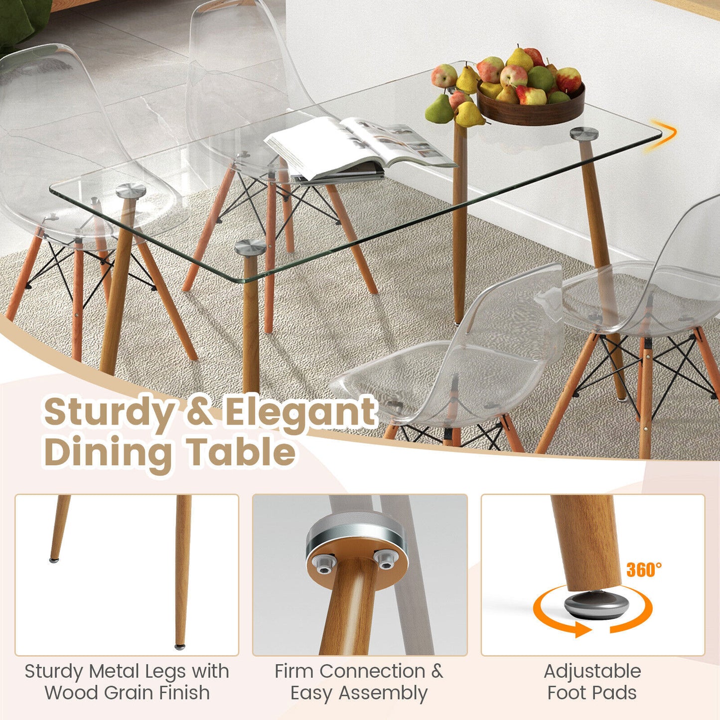5 Piece Modern Glass Dining Table Set with 51 Inch Rectangular Table and Transparent Chairs