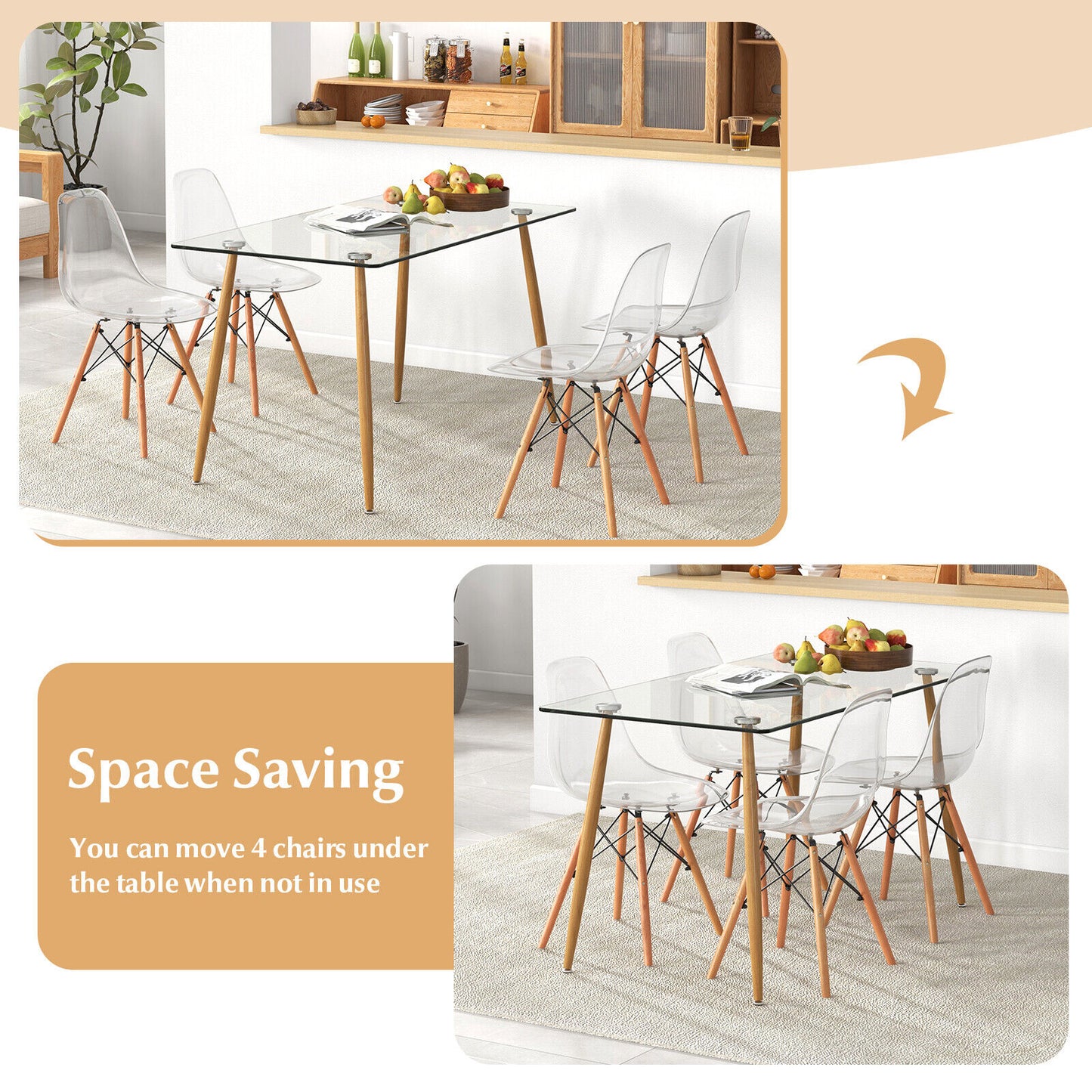 5 Piece Modern Glass Dining Table Set with 51 Inch Rectangular Table and Transparent Chairs