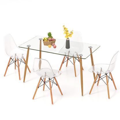 5 Piece Modern Glass Dining Table Set with 51 Inch Rectangular Table and Transparent Chairs