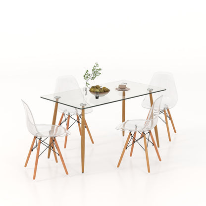 5 Piece Modern Glass Dining Table Set with 51 Inch Rectangular Table and Transparent Chairs