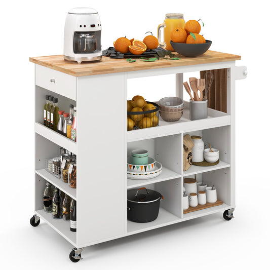 Mobile Kitchen Island Cart with Storage Drawer and Open Shelves on Wheels
