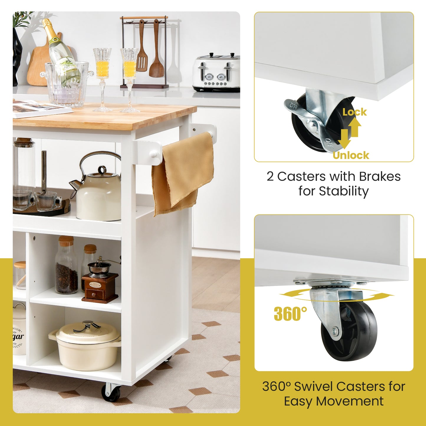 Mobile Kitchen Island Cart with Storage Drawer and Open Shelves on Wheels