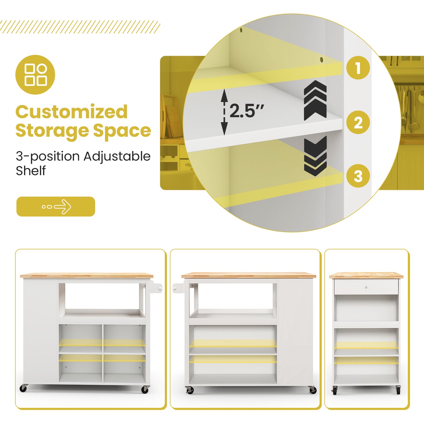 Mobile Kitchen Island Cart with Storage Drawer and Open Shelves on Wheels