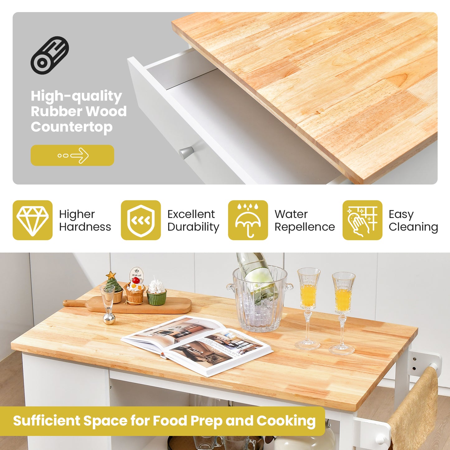 Mobile Kitchen Island Cart with Storage Drawer and Open Shelves on Wheels