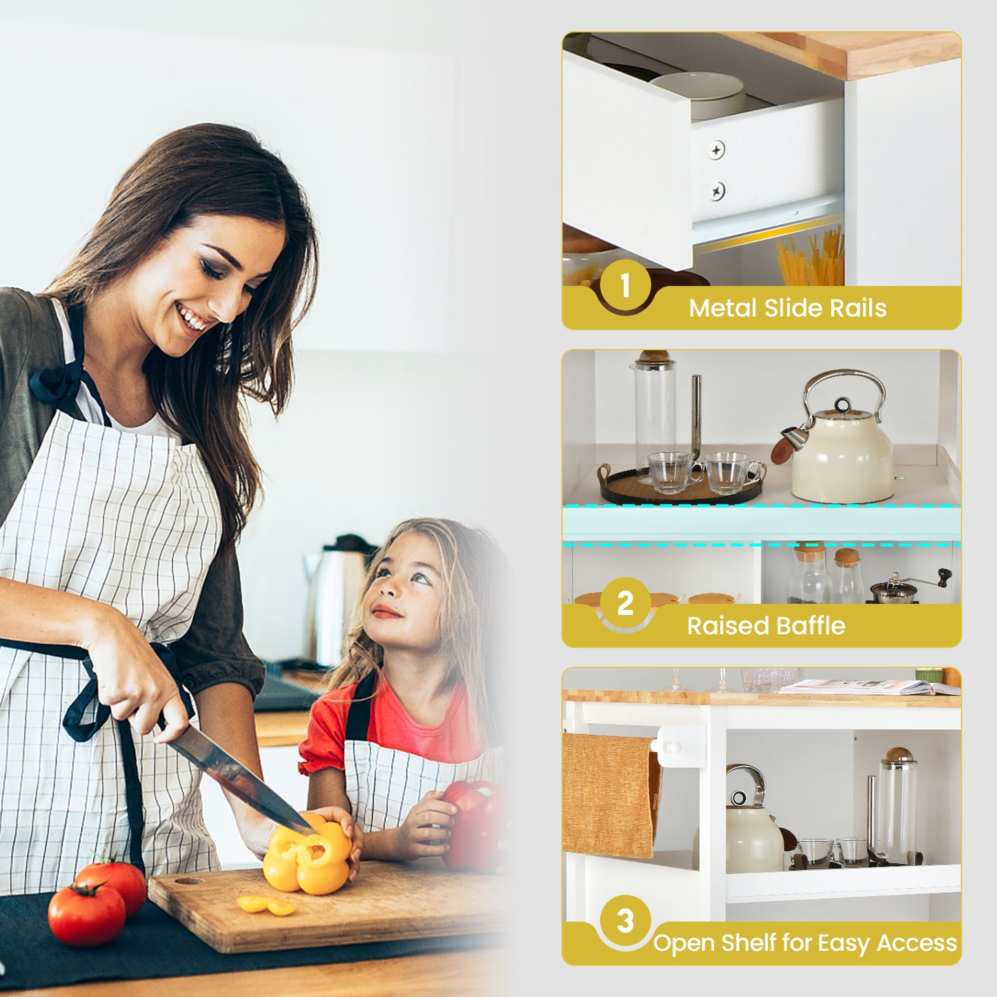 Mobile Kitchen Island Cart with Storage Drawer and Open Shelves on Wheels