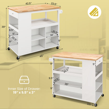 Mobile Kitchen Island Cart with Storage Drawer and Open Shelves on Wheels