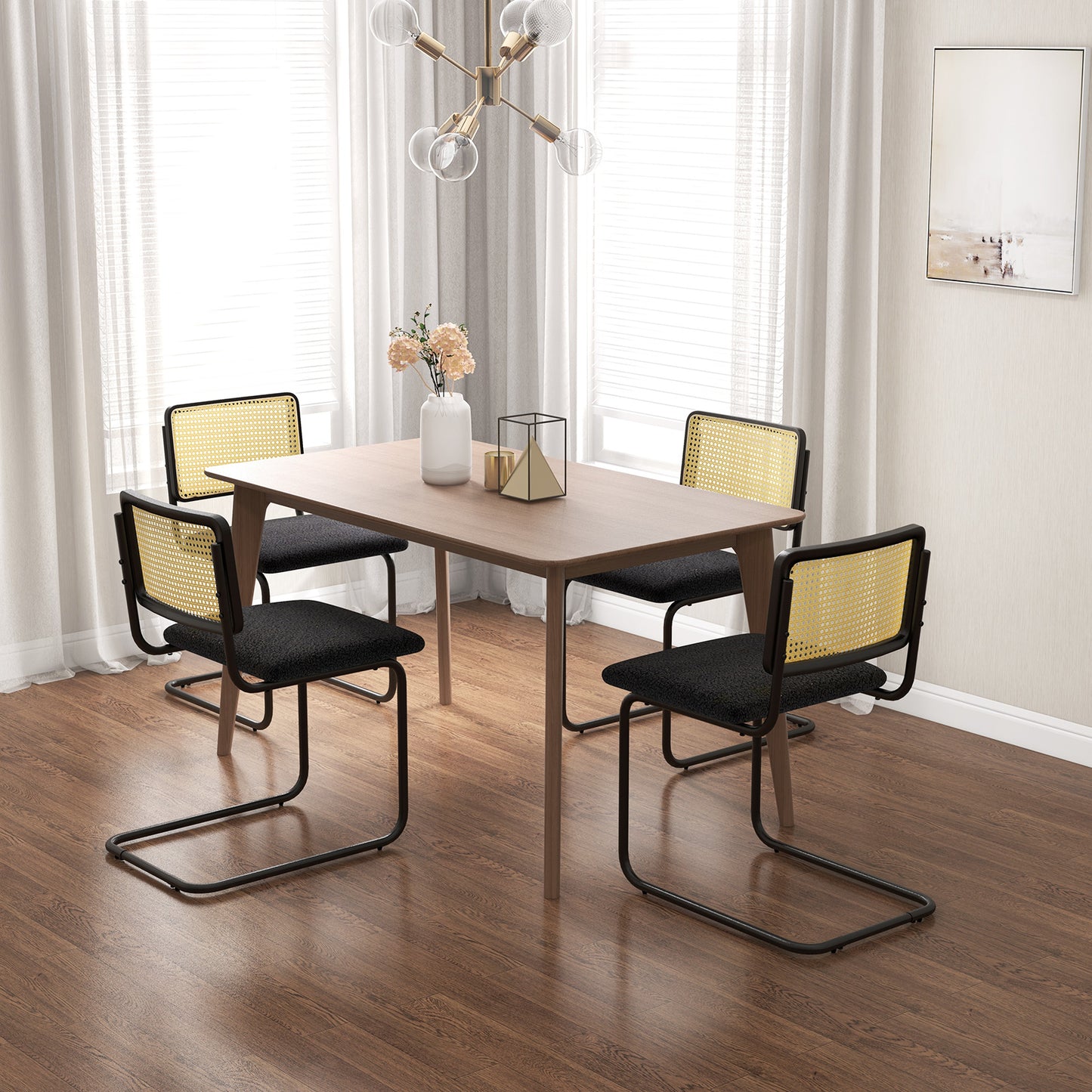 Mid-Century Modern Dining Chairs Set of 2 with Cantilever Frame and Rattan Backrest