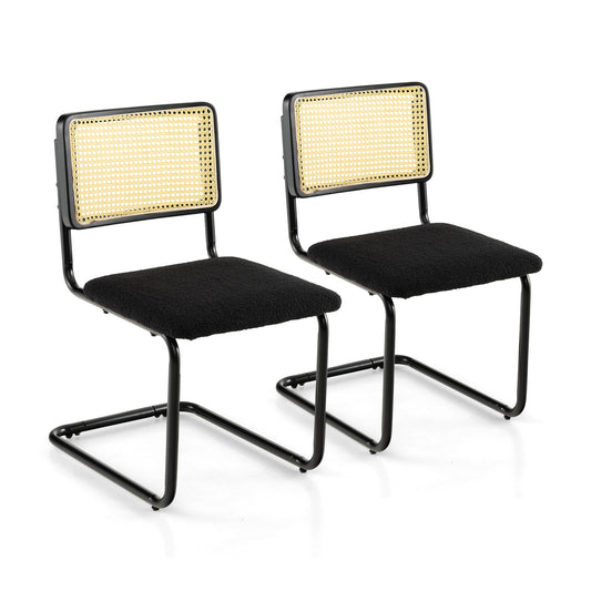 Mid-Century Modern Dining Chairs Set of 2 with Cantilever Frame and Rattan Backrest