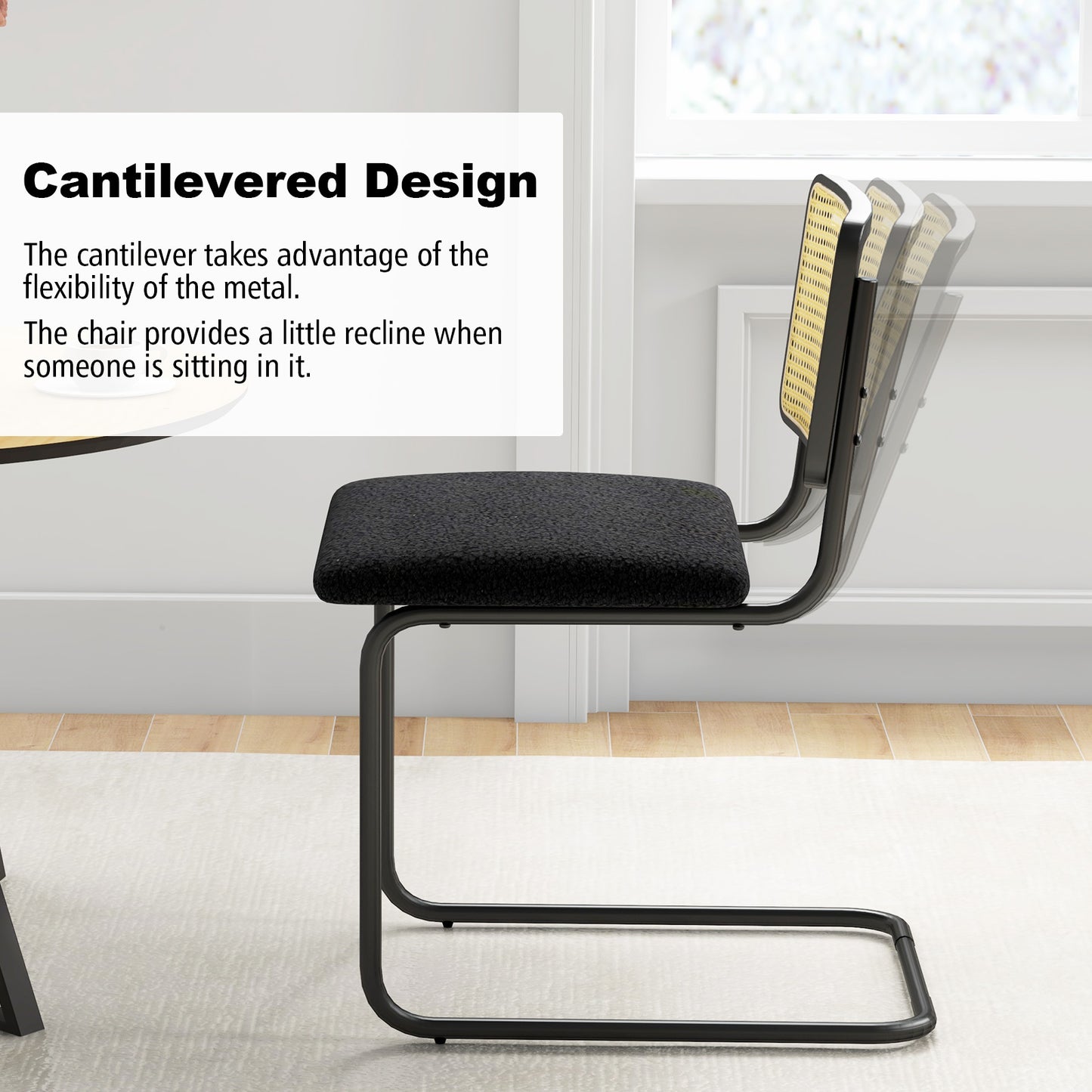Mid-Century Modern Dining Chairs Set of 2 with Cantilever Frame and Rattan Backrest
